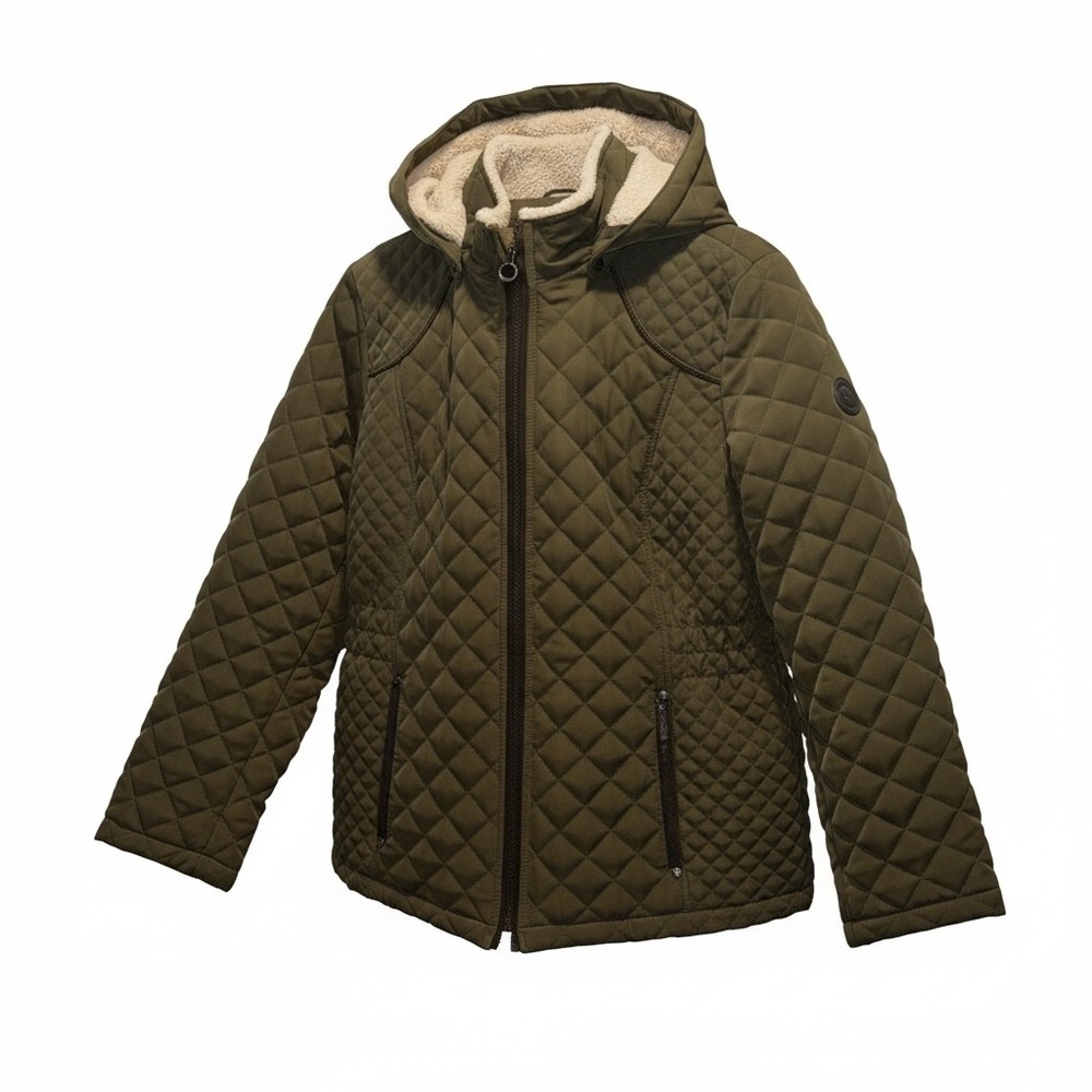 Laundry by Shelli Segal Quilted Hooded Jacket Olive Green XL Faux Fur Trim